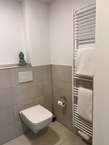 a small bathroom with a toilet and towels at Vorgebirgsblick Gästezimmer mit Self-Check-in unter neuer Verwaltung in Bornheim +21 photos