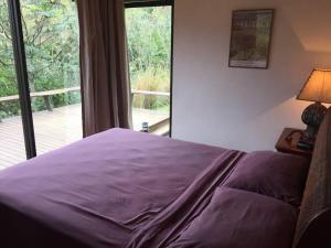 a bedroom with a purple bed and a window at Refúgio paradisíaco em frente a Serra da Bocaina ! in São José do Barreiro