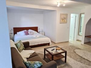 a living room with a bed and a couch at Casa das Margaridas in Caldas da Rainha