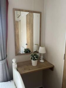 a bedroom with a mirror and a table with a lamp at Lakeview Lodge in Chichester