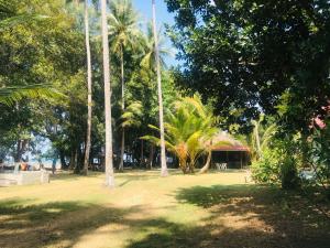 a park with palm trees and a building in the background at Racha Sunset Resort in Siboya