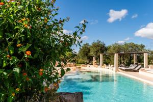 a pool at a resort with chairs and trees at Sopra i Sassi - Villa & Trulli in Ostuni