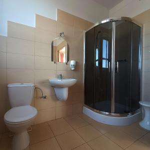 a bathroom with a toilet and a shower and a sink at Sami Swoi Kutno in Kutno +3 photos