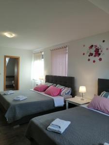 1 Schlafzimmer mit 2 Betten und rosa Kissen in der Unterkunft Sobe pri Roži in Postojna