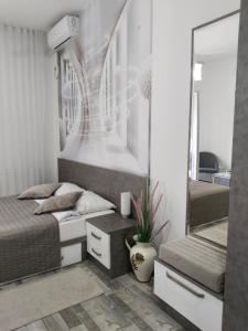 a bedroom with two beds and a mirror at Apartman Harmony 1 in Banja Koviljača