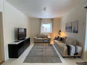 a living room with a couch and a tv at Gardermoen House in Gardermoen