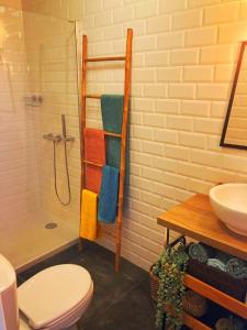 a bathroom with a shower and a toilet and a sink at Nice View Apartment in the city center in Fuzeta +13 photos
