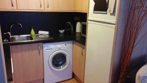 eine Küche mit einer Waschmaschine und einem Waschbecken in der Unterkunft Apartamento Gis con chimenea in Ribes de Freser