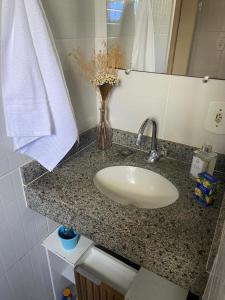 a bathroom sink with a vase of flowers on it at Chácara De Paula in Vassouras +9 photos