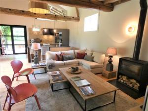 un soggiorno con divano e camino di Les ecuries du chateau a Biaudos