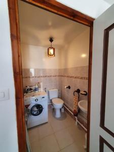 La petite salle de bains est pourvue de toilettes et d'un lavabo. dans l'établissement Logement 'la Hulotte'-10 min d'Auxerre-2h de Paris, 