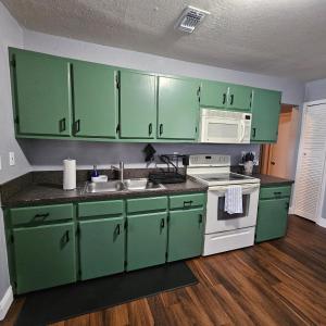 a green kitchen with a sink and a microwave at Comfortable in a 2 bed 2 bath in Lakeland