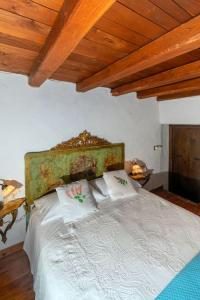 1 dormitorio con 1 cama grande y techo de madera en Guest House: Casa dei Lillà, en Bellegra