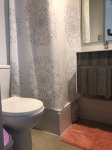 a bathroom with a toilet and a shower curtain at Hermoso Jardines del Pacifico in La Serena