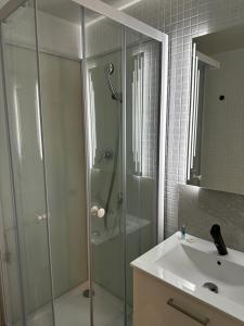 ヌーシャテルにあるResidence Vue Chateauのバスルーム(ガラス張りのシャワー、シンク付)