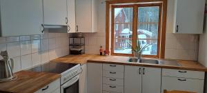 Viksjöfors的住宿－Skålsjögården Timber Lodge，厨房配有白色橱柜、水槽和窗户。
