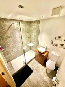a bathroom with a shower and a toilet and a sink at Rustic Elegant 2Bedroom Haven near Regents Park in London