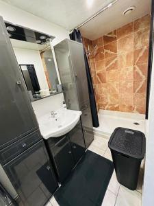 La salle de bains est pourvue d'un lavabo et d'une douche. dans l'établissement Maison chez graz & virg, à Calais