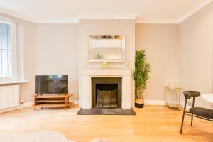 a living room with a fireplace and a mirror at Primrose Hill Park in London