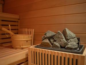 ein Tablett mit Steinen in einer Sauna in der Unterkunft Goldberg Apartments Osijek in Osijek + 12 Fotos