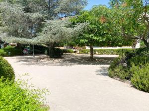 une passerelle dans un parc planté d'arbres et de buissons dans l'établissement T3 rénové à 8 min de la mer, à Saint-Cyr-sur-Mer