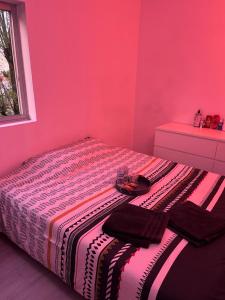 1 dormitorio con 1 cama en una habitación rosa en Appartement La parisienne, en Fresnes