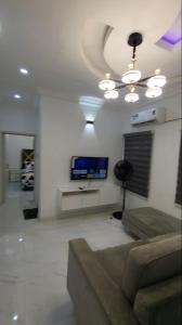 ein Wohnzimmer mit einem Sofa und einem Flachbild-TV in der Unterkunft Contemporary 1 bedroom apartment in awoyaya ibeju lekki in Awoyaya