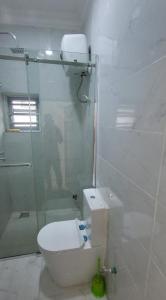 La salle de bains est pourvue de toilettes et d'une douche en verre. dans l'établissement Contemporary 1 bedroom apartment in awoyaya ibeju lekki, à Awoyaya