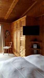 Schlafzimmer mit einem Bett und einem Flachbild-TV in der Unterkunft Appartement Seebacher in Hochfilzen