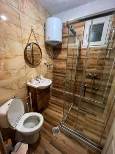 W łazience znajduje się prysznic, toaleta i umywalka. w obiekcie Villa & Apartments Cityview Ohrid w Ochrydzie
