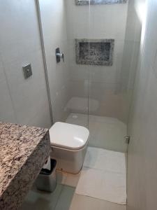 a white bathroom with a shower and a toilet at Smart Hotel in Registro