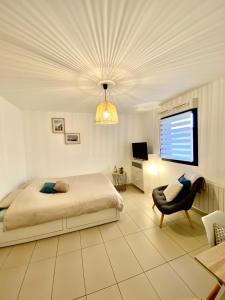 a bedroom with a bed and a chair and a television at Le Cocon des Thermes Amneville Metz Luxembourg in Amnéville