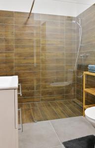 een badkamer met een douche, een toilet en een wastafel bij Amálkin Dvor in Podbrezová