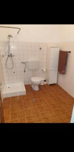 a bathroom with a toilet and a shower in it at Residencial/ Pensão Natur in Tarrafal