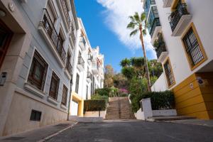 an alley with a palm tree and a building at Estudio Céntrico Agua Gibralfaro con Piscina in Málaga