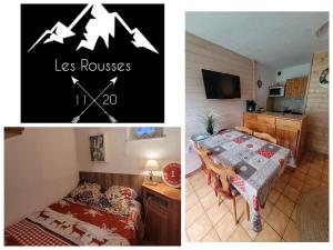 two pictures of a room with a kitchen and a room with a table at Le Flocon, Joli Rez de Jardin, 5 personnes, Barbecue & Transats, proche du centre des Rousses, Draps inclus et Boîte à clés in Les Rousses