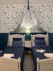 two beds in a room with blue and white wallpaper at Chambre Les Chérubins in Lorris