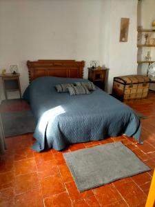 a bedroom with a bed with a blue blanket at Chez Nath et Oli in Caunes-Minervois