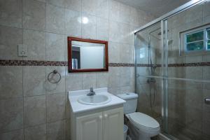 a bathroom with a toilet and a sink and a shower at Chrisann's Beach Resort in St Mary