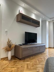 a living room with a flat screen tv on a wall at Apartman 8 in Vrdnik