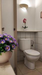 a bathroom with a toilet and a vase of flowers at Coral in Puerto