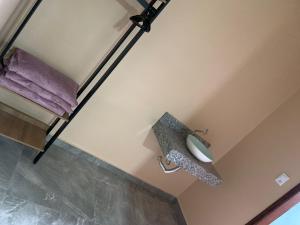 an overhead view of a bathroom with purple towels at Pousada Licuri in Ibicoara