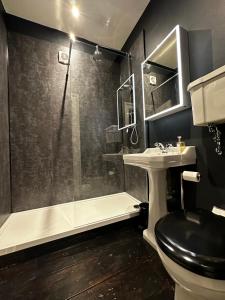 a bathroom with a shower and a toilet and a sink at Penthouse apartment in Cockermouth