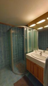 ein Bad mit einer Dusche und einem Waschbecken in der Unterkunft Solli Apartments - koselig leilighet med 3 soverom in Geilo