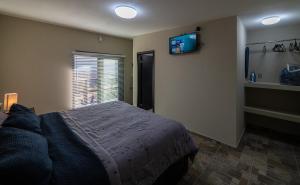 Un dormitorio con una cama y un televisor en la pared. en Finca de Lulu y Jose Ruta del Vino, en Valle de Guadalupe