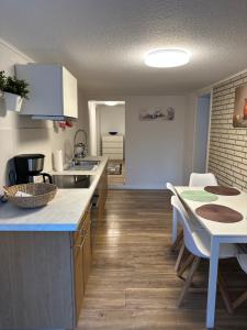 eine Küche mit einem Waschbecken und einem Tisch mit Stühlen in der Unterkunft Ferien ind Monteur Wohnung Maiglöckchen mit zwei Schlafzimmern in Wildeshausen