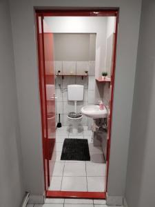 a bathroom with a toilet and a sink at Skitnica Red door in Koprivnica