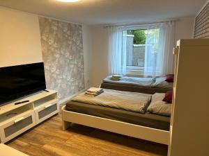 1 dormitorio con 1 cama, TV y ventana en Ferien ind Monteur Wohnung Maiglöckchen mit zwei Schlafzimmern, en Wildeshausen