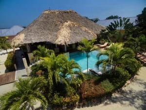 a resort with a swimming pool and a straw hut at Little Harvest Caye - Your Own Private Island in Placencia