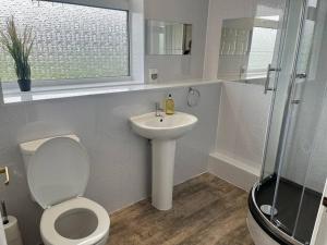 a bathroom with a toilet and a sink and a shower at Impressive Large 6 Bed House FREE WI FI in Lincolnshire